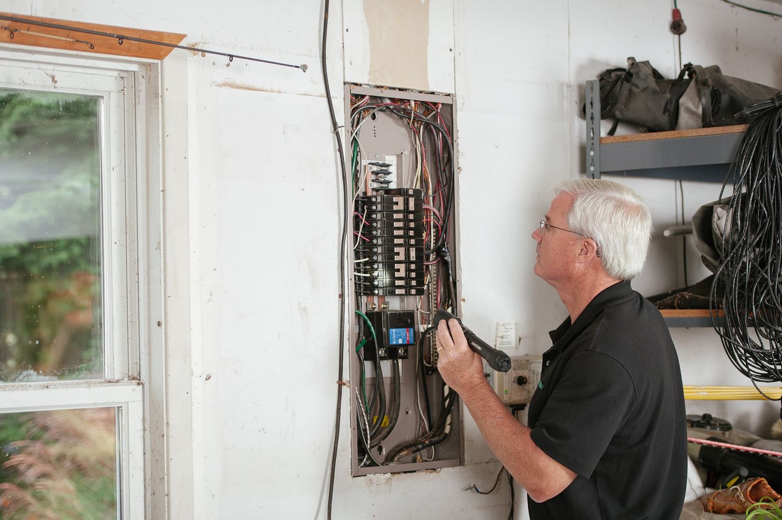 Electrician inspecting a residential panel with a flashlight
